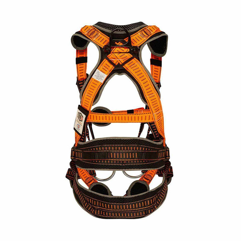 Load image into Gallery viewer, LINQ Tower Workers Harness with high-visibility webbing, padded loops, adjustable buckles, and multiple D-rings, designed for industrial height safety, featuring Liqui-Pel technology and retro-reflective threading for enhanced durability and visibility.