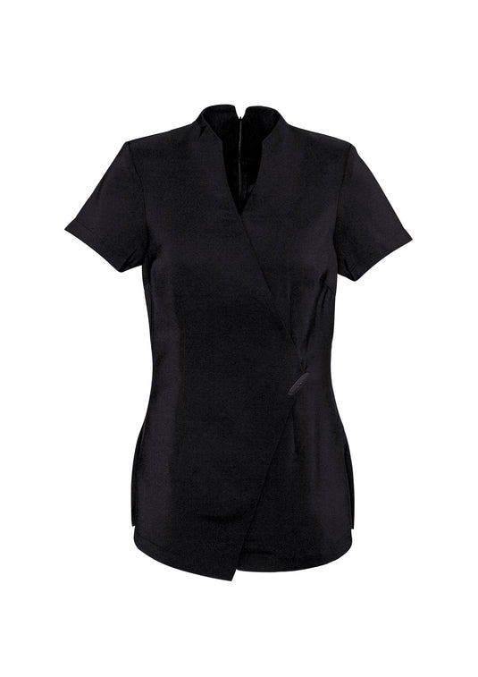Biz Womens Spa Tunic with an asymmetrical faux wrap front, elegant neckline, horn-button detail, and deep side splits, crafted from premium linen-like stretch fabric with stain release, ideal for stylish workplace wear.