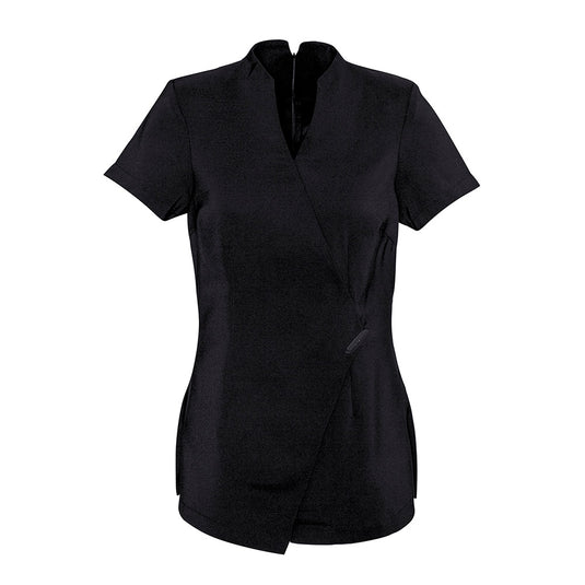 Biz Womens Spa Tunic featuring an asymmetrical faux wrap front and elegant neckline, crafted from premium stretch fabric with linen-like appearance, ideal for professional uniforms, combining style with practicality and comfort.