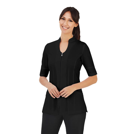 Biz Womens Bliss Tunic featuring a diamanté zip for a touch of elegance, practical front opening, longer vented sleeves, and side splits, crafted in durable, stain-resistant fabric for comfort and luxury.
