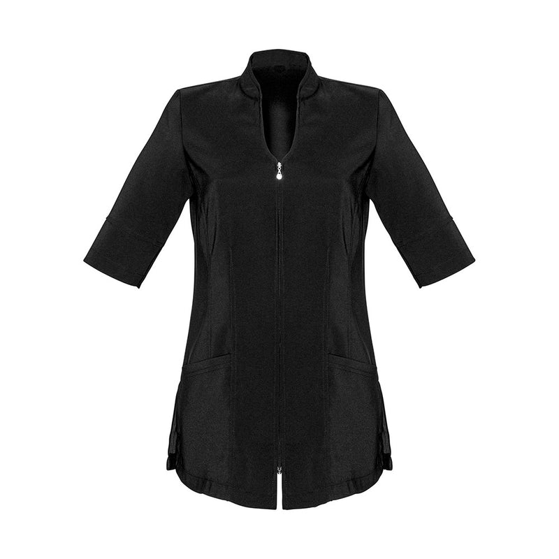 Load image into Gallery viewer, Biz Womens Bliss Tunic with diamanté zip, elegant collar, and longer vented sleeves. Features practical front pockets, crafted from premium stretch fabric for durability and comfort, ideal for professional settings.