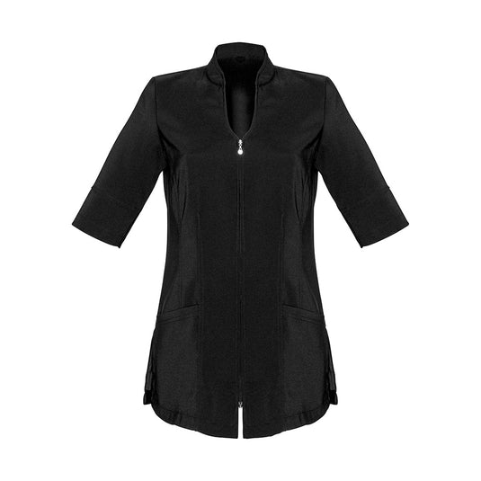 Biz Womens Bliss Tunic with diamanté zip, elegant collar, and longer vented sleeves. Features practical front pockets, crafted from premium stretch fabric for durability and comfort, ideal for professional settings.