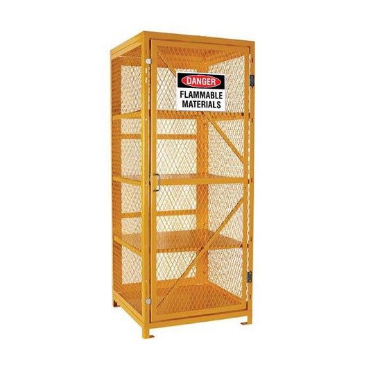 HazBox Aerosol Cage 400: A yellow metal cabinet with a warning sign, featuring steel mesh walls for ventilation and magnetic door closures. Ideal for safety-conscious environments, it includes raised feet and pre-drilled bolting holes.