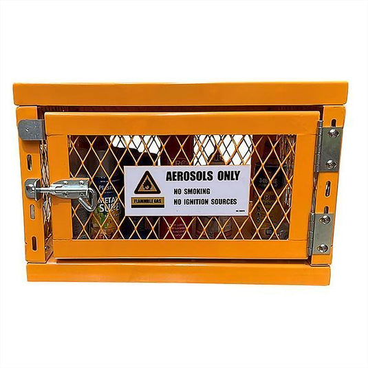 Hazbox Aerosol Cage (42 cans) shown with a yellow metal structure featuring a mesh design, sign labeled Danger Flammable Materials, magnetic door closures, and raised feet for easy placement. Ideal for safety storage.