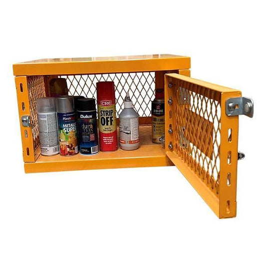 Hazbox Aerosol Cage (42 cans) displayed with its yellow metal door open, revealing several cans of paint on a shelf. Features mesh walls and a “Danger Flammable Materials” sign for safety compliance.