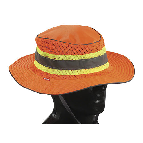 Esko Full Brim Safari Sun Hat: Fluoro Orange features a ventilated mesh crown, reflective piping, and a secure under-chin drawstring, ideal for sun protection and comfort during outdoor activities.