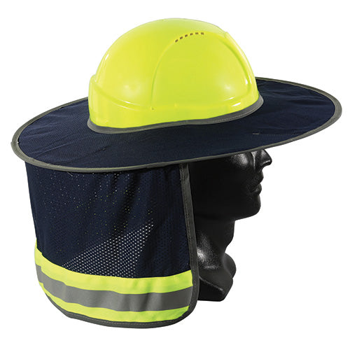 Full Brim Hard Hat Sun Shield: Blue displayed on a mannequin head, featuring a yellow mesh with reflective trim designed to enhance visibility, fits over hard hats for added sun protection.