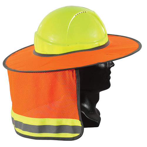Full Brim Hard Hat Sun Shield: Fluoro Orange displayed on a mannequin, showcasing its breathable mesh nape protector and reflective edging designed to enhance safety and visibility in low-light conditions.