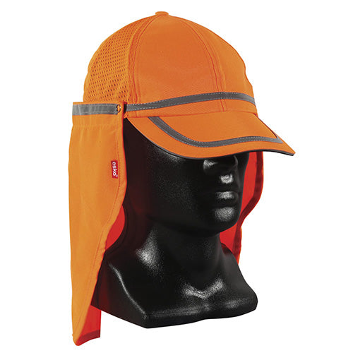 Esko Hi Vis Cap with Neck Protector: Orange, displayed on a mannequin, features a reflective strip, mesh panels for ventilation, and adjustable backstrap, highlighting its suitability for safety and workplace environments.