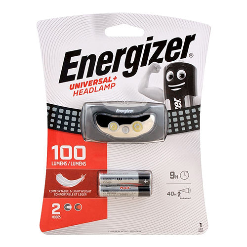 Energizer Universal Plus LED Headlamp with a comfortable, removable band, features a durable design, two lighting modes, and comes with two AAA batteries, ideal for safety and workplace needs.