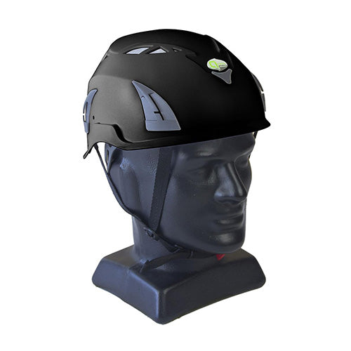Qtech Shield Helmet Industrial Vented: Black, showcased on a mannequin head, features a polypropylene shell, venting for airflow, adjustable chin strap, and slots for hearing protection, ideal for workplace safety.