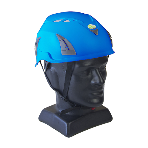 Qtech Shield Helmet Industrial Vented: Blue displayed on a black mannequin head, featuring grey and black accents, showcasing its robust polypropylene shell with an adjustable chin strap for safety.