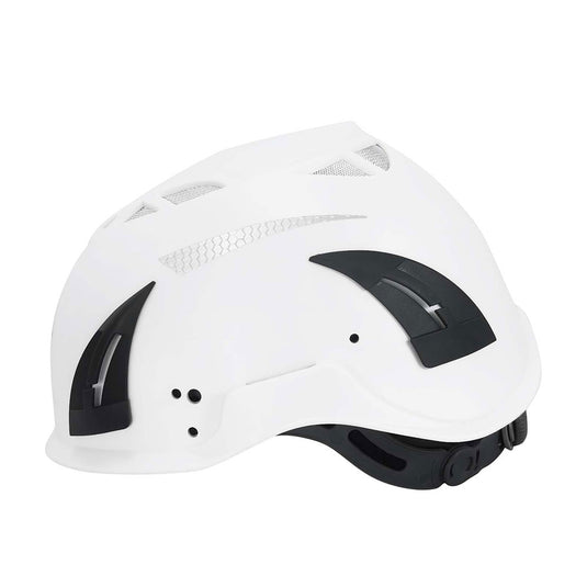 Qtech Reflective Multi Impact Climbing Helmet: White, featuring black accents, designed for optimal safety with ventilation, reflective strip for visibility, and custom fit adjustments, ideal for construction and climbing activities.