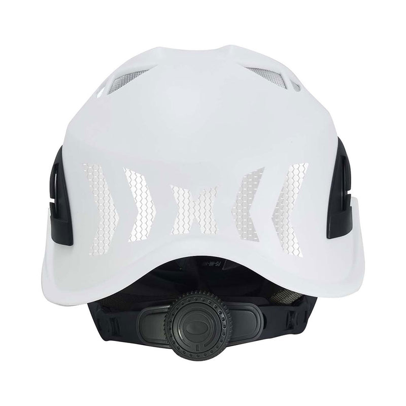 Load image into Gallery viewer, Qtech Reflective Multi Impact Climbing Helmet: White, featuring a robust design with effective ventilation, a reflective strip for visibility, and a customizable fit via adjustable chin strap and headband ratchet system.