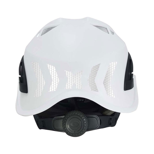Qtech Reflective Multi Impact Climbing Helmet: White, featuring a robust design with effective ventilation, a reflective strip for visibility, and a customizable fit via adjustable chin strap and headband ratchet system.