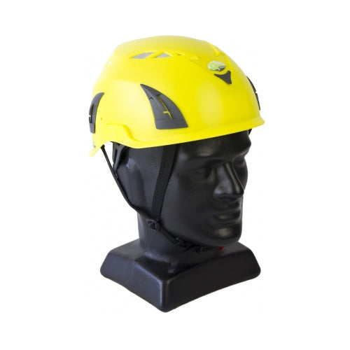 Qtech Shield Helmet Industrial Vented: Fluro Yellow displayed on a black mannequin head, showcasing its shock-absorbing cradle liner and three-way adjustable chin strap for a secure, comfortable fit.