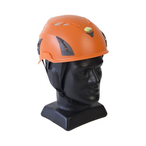 Qtech Shield Helmet Industrial Vented: Orange displayed on a black mannequin head, featuring a vented design and adjustable chin strap, emphasizing its industrial safety application.