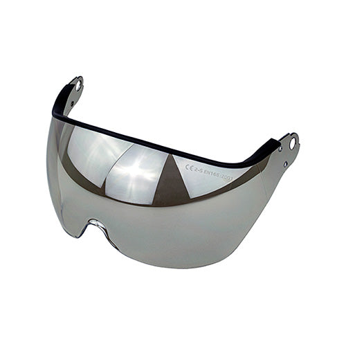 Close-up of the Qtech Helmet Visor: Smoke/Mirror, designed for impact-rated eye protection. Features adjustable clips for easy positioning, perfect for enhancing safety with the Qtech Helmet.
