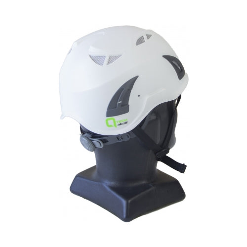 Qtech Shield Helmet Industrial Vented: White displayed on a stand, featuring a shock-absorbing cradle liner, adjustable chin strap, and ratchet headband for secure fit; ideal for workplace safety.