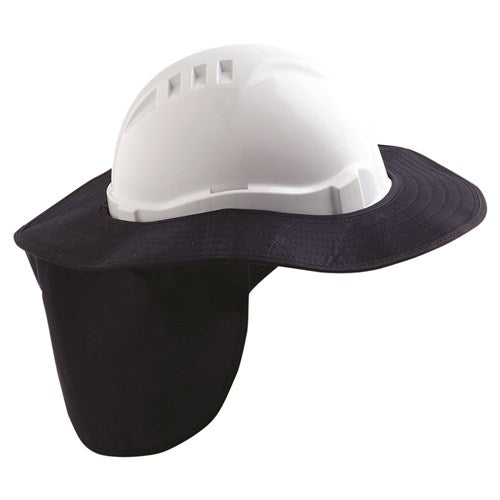 Pro Hardhat Brim With Neck Flap featuring a black visor, designed for superior sun protection and stability on Pro Choice V6 & V9 hard hats. Ideal for high wind conditions with Velcro fasteners.