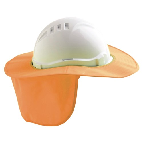 Pro Hardhat Brim With Neck Flap, featuring a white hard hat with an orange visor and ventilation holes, designed for sun protection and stability with Velcro fasteners, ideal for safety gear use.