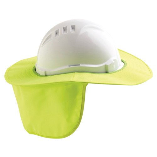Pro Hardhat Brim With Neck Flap: A white hard hat featuring a full brim and neck flap for UV protection, designed to securely attach to compatible Pro Choice Safety Gear V6 and V9 models.