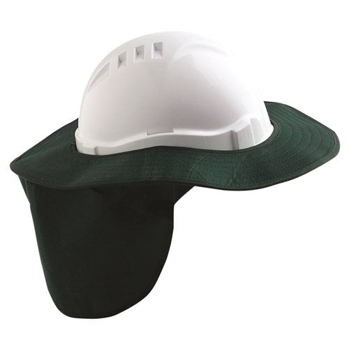 Pro Hardhat Brim With Neck Flap: A white hard hat accessory featuring a full brim and neck flap for sun protection, designed to securely attach to Pro Choice Safety Gear V6 & V9 hard hats.