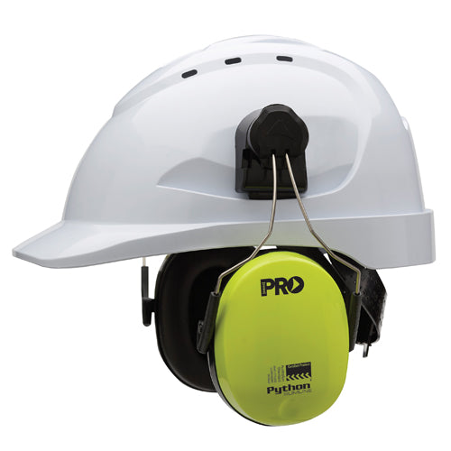 Pro Python Hard Hat Earmuffs Class 5, designed for noise reduction up to 116dB(A), feature robust steel wire construction and high-quality ear cushions, fitting various hard hats for optimal workplace safety.