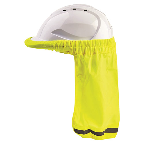 Pro Hardhat Neck Shade: Fluro Yellow attached to a white hard hat, featuring a yellow garter and retro reflective tape for enhanced visibility, designed for sun protection and comfort. Ideal for safety and workplace use.