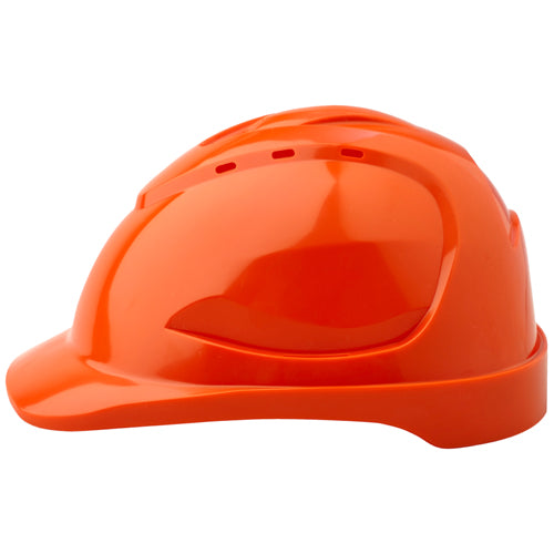 Pro V9 Vented Hard Hat: Orange, featuring a low-profile, ergonomic design with nine air vents for enhanced airflow, ideal for maintaining comfort and safety during demanding tasks. Certified for superior protection standards.
