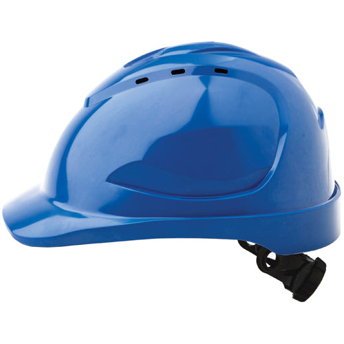 Pro V9 Vented Ratchet Hard Hat: Blue, featuring a sleek ergonomic design with a secure ratchet harness for precise fit, ideal for workplace safety and comfort.