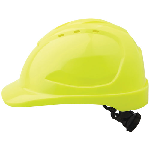 Pro V9 Vented Ratchet Hard Hat: Fluoro Yellow, featuring a sleek, low-profile design with an ergonomic fit and adjustable ratchet harness for precise comfort, ideal for reliable head protection in safety-focused environments.