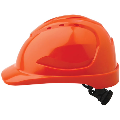 Pro V9 Vented Ratchet Hard Hat: Orange, featuring an ergonomic design with a secure ratchet harness for easy adjustment, ideal for workplace safety and comfort.