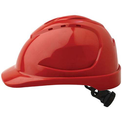 Pro V9 Vented Ratchet Hard Hat: Red, designed for ergonomic fit and comfort. Features a clip for secure adjustment, ideal for active safety needs in workplace environments, aligning with Active Safety's protective gear offerings.