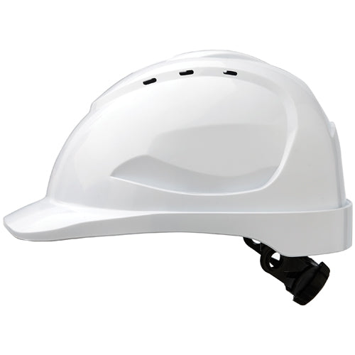 Pro V9 Vented Ratchet Hard Hat: White, featuring a sleek, ergonomic design with a secure ratchet harness for precise fit adjustments, ideal for comprehensive head protection in safety-focused environments.