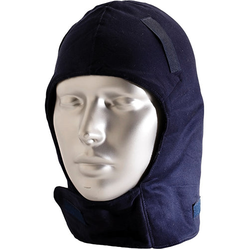 Pro Winter Hard Hat Liner displayed on a mannequin, showcasing its snug fit and velcro fasteners designed for secure attachment to a hard hat, perfect for keeping ears warm in cold conditions.