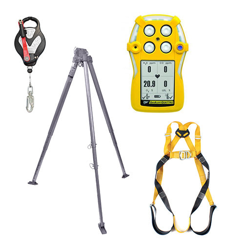 Hire Confined Entry Kit featuring a yellow device with buttons, a yellow harness with black straps, a tripod, winch, and gas detector, available for hire at Active Safety in Auckland.