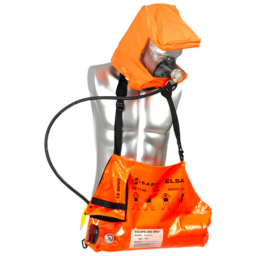 Mannequin displaying the Hire ELSA Emergency Escape Apparatus, featuring an orange emergency life jacket and a mask, available for hire with convenience at Active Safety's Auckland locations or via nationwide courier.