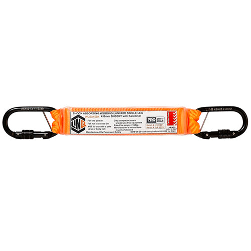 Hire Shock Absorbing Lanyards (Single/Twin Leg) shown as a black and silver carabiner with a label, ideal for safety applications, available from Active Safety for daily, weekly, or monthly hire.