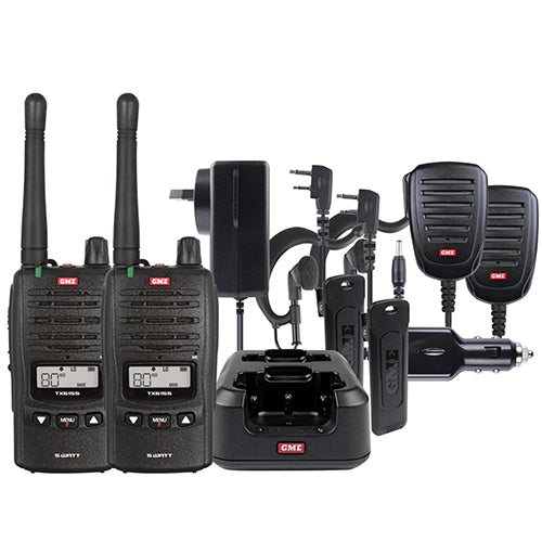 Hire 5 Watt UHF Handheld Radio Set, featuring a group of sleek black radios and a close-up of a walkie talkie, perfect for safety and communication needs. Available for daily, weekly, or monthly hire.