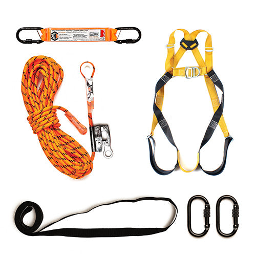Hire Roofers Kit featuring a yellow harness with black straps, rope, and climbing equipment for height safety. Available for hire, this kit includes essential tools for roofing projects.