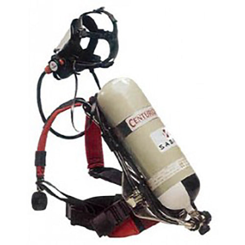 Hire Self Contained Breathing Apparatus Set (SCBA) featuring an oxygen tank with a black mask and red strap, ideal for safety needs. Available for daily, weekly, or monthly hire from Active Safety.