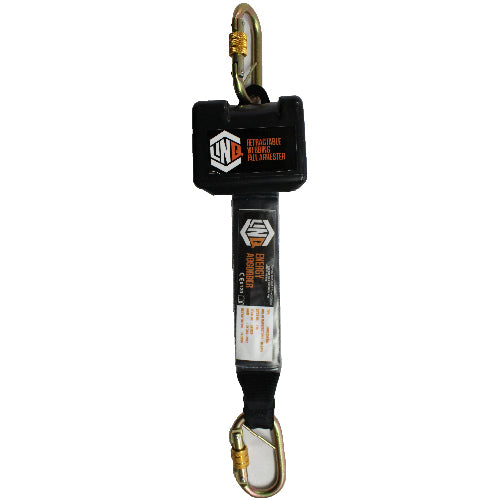 Hire Retractable Lanyard (Type 2 FAD) featuring a robust black and white design with carabiners, ideal for safety and height work, available for daily, weekly, or monthly hire from Active Safety.