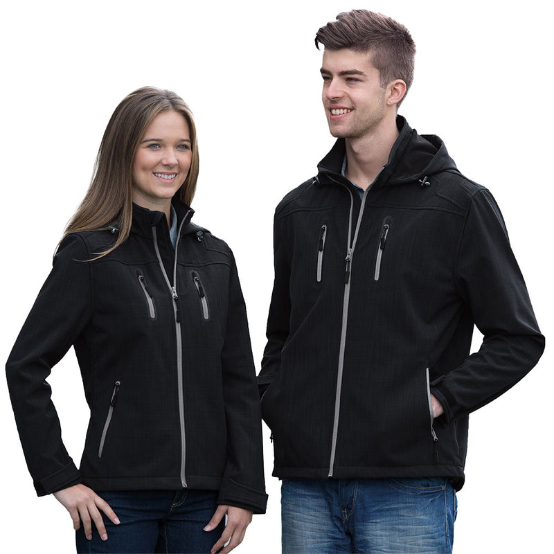 Load image into Gallery viewer, Hybrid Jacket, Black Heather, featuring a wind-resistant softshell with microfleece lining, adjustable hood, Velcro cuffs, and multiple zippered pockets, ideal for safety and workwear needs. Suitable for women, sizes XXS-XS.
