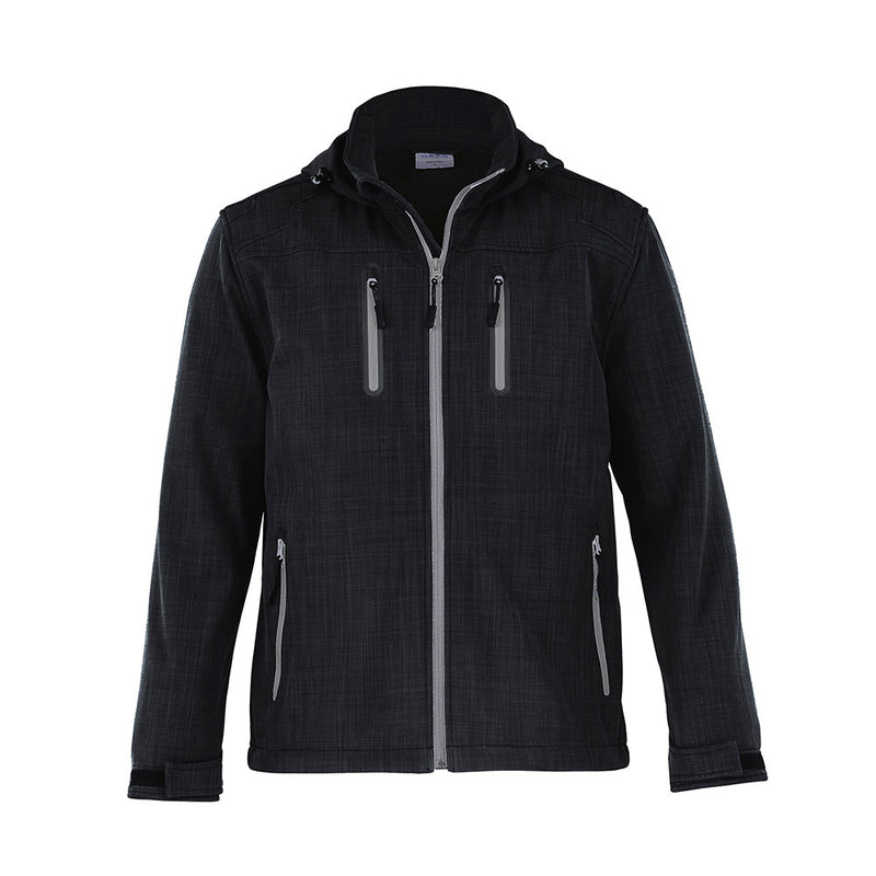 Load image into Gallery viewer, Hybrid Jacket, Black Heather: A durable softshell designed for active safety, featuring a high-zip plaquet, adjustable Velcro cuffs, articulated hood, and multiple zippered pockets, ideal for protection and function in demanding environments.