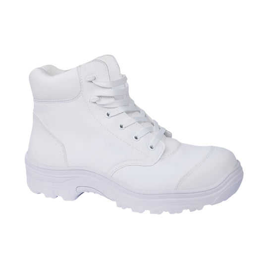 Paraflex White Ankle Lace Up Safety Boot, designed for food industries, features a composite safety toe, moisture-managed linings, and a slip-resistant rubber outsole, ideal for prolonged comfort and protection.