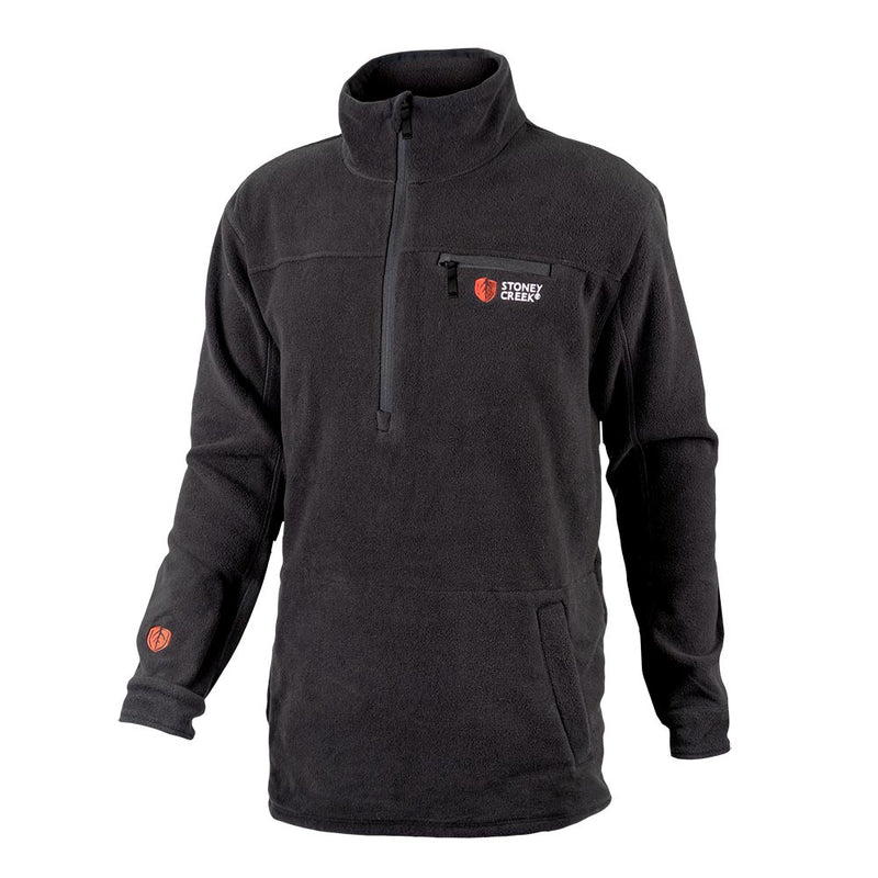 Load image into Gallery viewer, Stoney Creek Quarter Zip Fleece Top, a durable black fleece pullover featuring a stand-up zip collar, chest zip-pocket, kangaroo hand pockets, and logo on chest and sleeve, ideal for workplace safety.