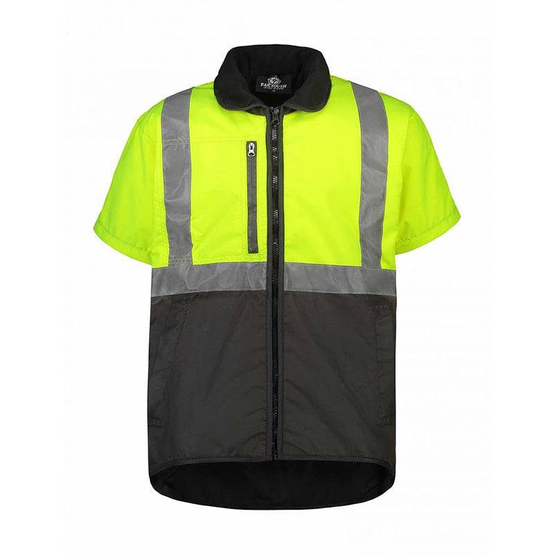Load image into Gallery viewer, Hokonui Short Sleeved Hi Vis Day/Night Oilskin Vest features a fluorescent upper, black lower, and reflective bands. It includes a front zipper, zippered chest pocket, and is lined with polar fleece.