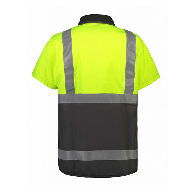 Load image into Gallery viewer, Hokonui Short Sleeved Hi Vis Day/Night Oilskin Vest features a fluorescent yellow back with dark lower panels, silver reflective stripes, and a polar fleece lining, ideal for enhanced visibility and safety.