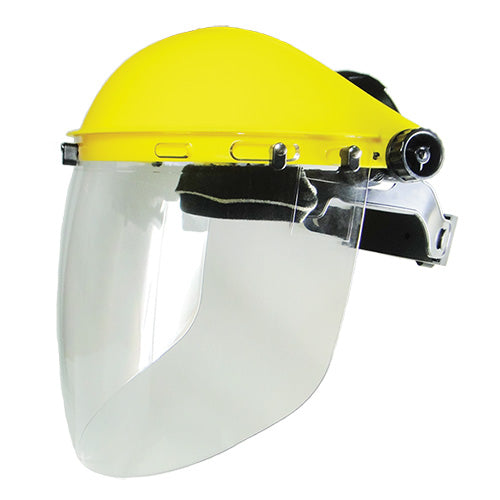 Armour High Impact Visor Kit: Clear, featuring a yellow face shield with black strap, anti-fog visor, and adjustable headgear. Made from impact-resistant ABS plastic, it ensures high-impact protection.